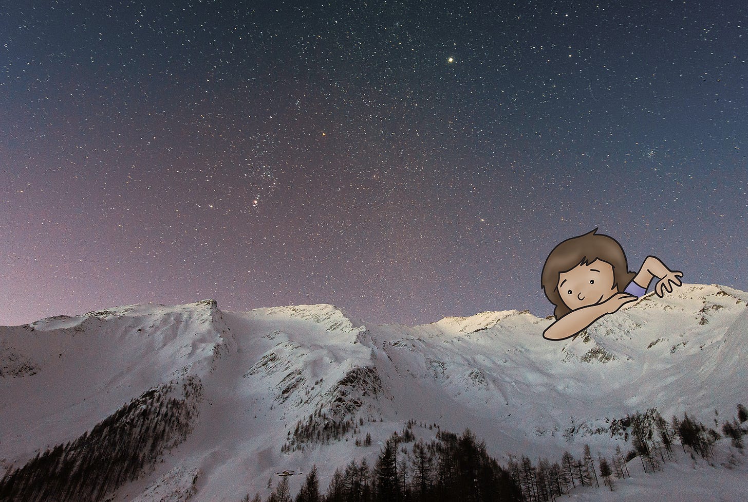 Cartoon person peering over the top of a snowcapped mountain