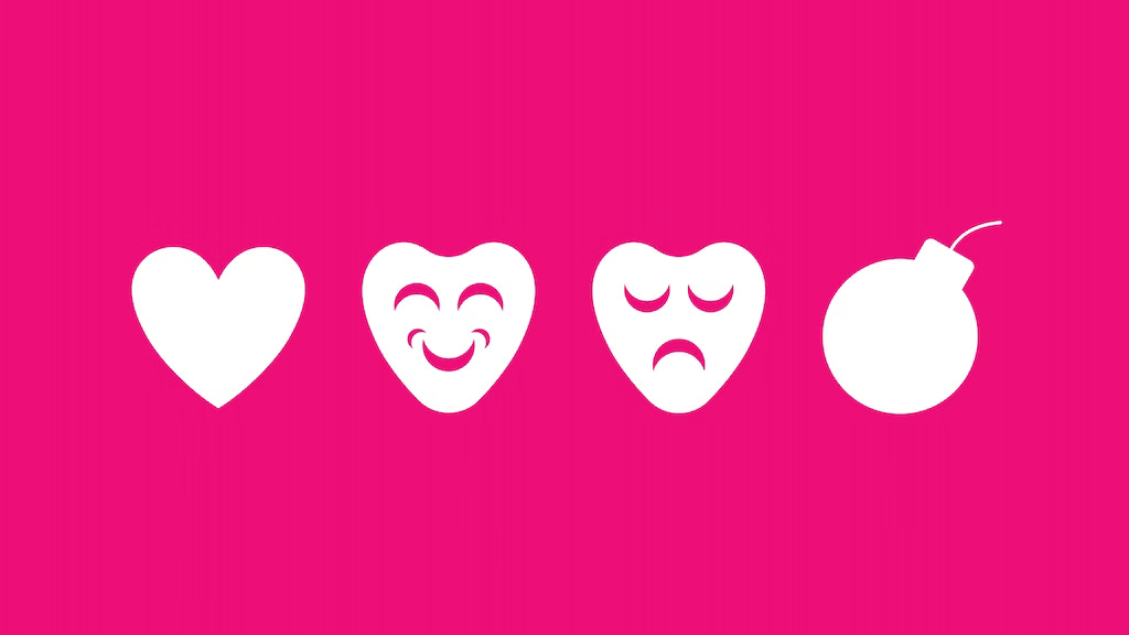 A heart, smiling heart, frowning heart, and bomb against a bright pink background