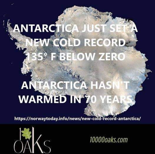 May be an image of arctic and text that says "ANTARCTICA JUST SET NEW EW COLD RECORD 35° F BELOW ZERO ANTARCTICA HASN'T WARMED IN 70 YEARS 10000oaks.com"