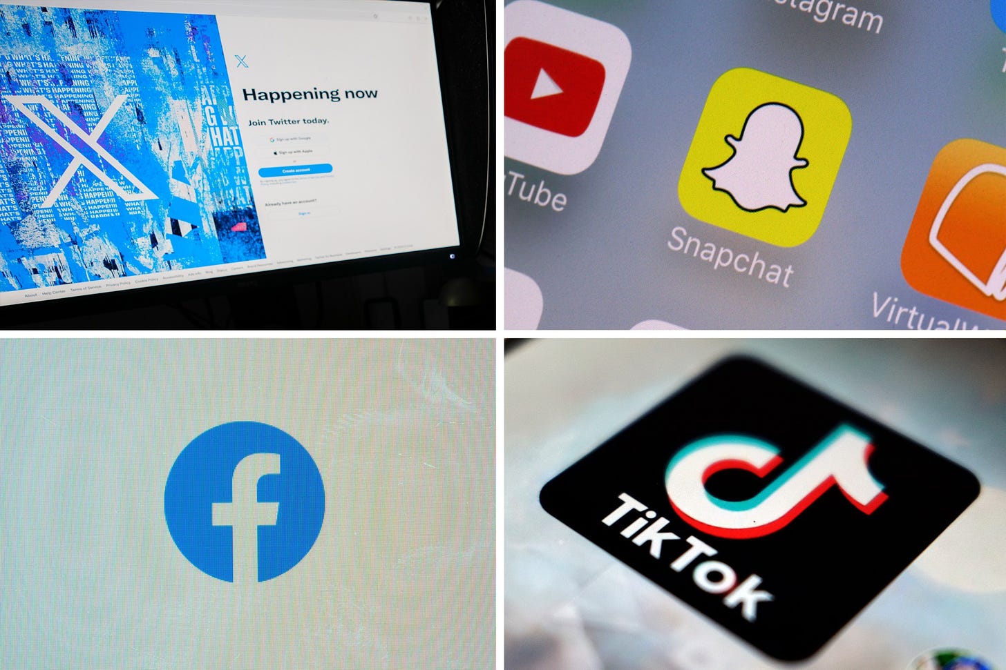FILE - This combination of photos shows logos of X, formerly known as Twitter, top left; Snapchat, top right; Facebook, bottom left; and TikTok, bottom right. Social media companies collectively made over $11 billion in U.S. advertising revenue from minors last year, according to a study from the Harvard T.H. Chan School of Public Health released Wednesday, Dec. 27, 2023. (AP Photo, File)