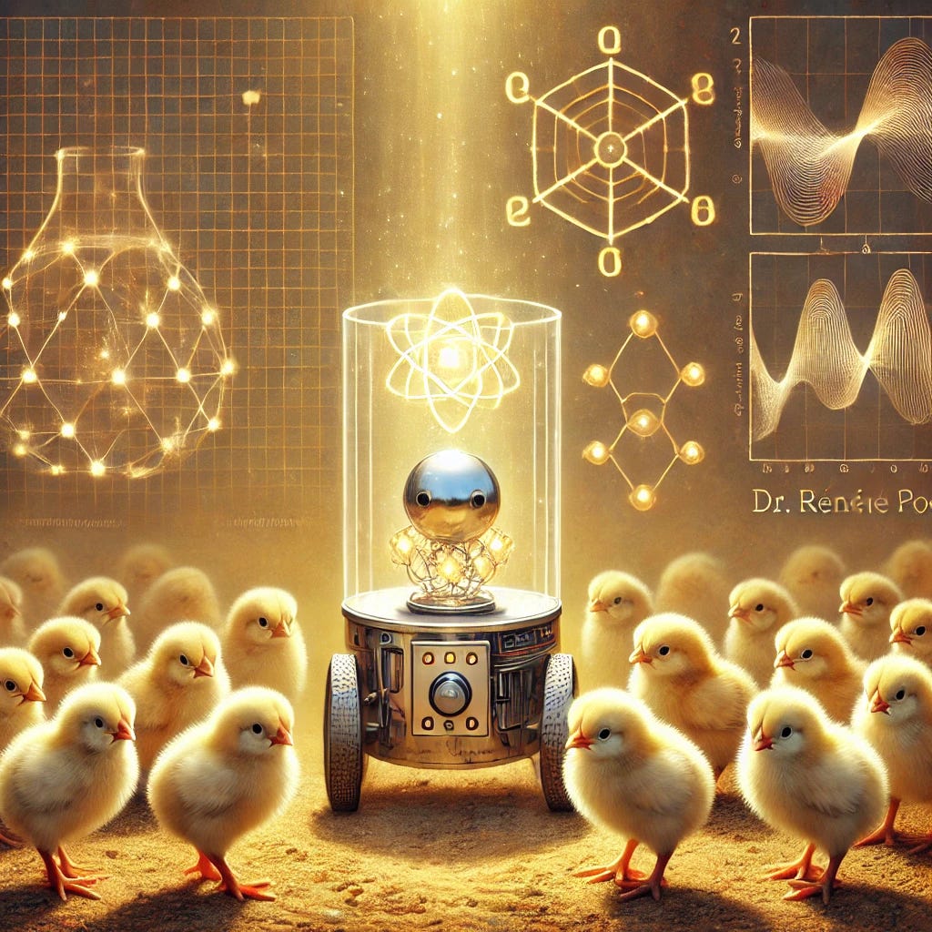 A thought-provoking illustration exploring the concept of consciousness influencing physical systems, inspired by Dr. Renée Poec’h’s experiment. The image features a small robot with a glowing random number generator, symbolizing randomness, surrounded by baby chicks on one side, separated by a transparent barrier. The chicks’ focused gaze toward the robot creates a subtle, ethereal field of light connecting them to the machine. The background combines elements of scientific inquiry, like abstract data graphs and quantum waveforms, with a warm, natural setting to balance the scientific and instinctual themes. The color palette uses warm tones like amber, gold, and cream with accents of glowing white to evoke curiosity and a sense of wonder.