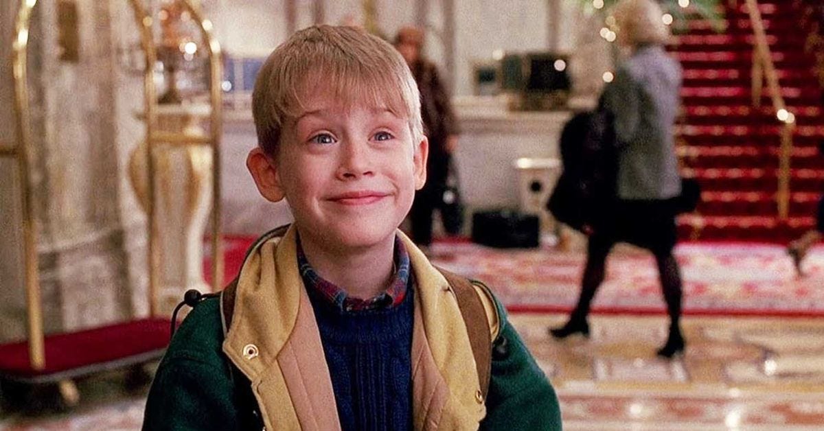 Macaulay Culkin as Kevin McCallister at the Plaza Hotel in Home Alone 2.