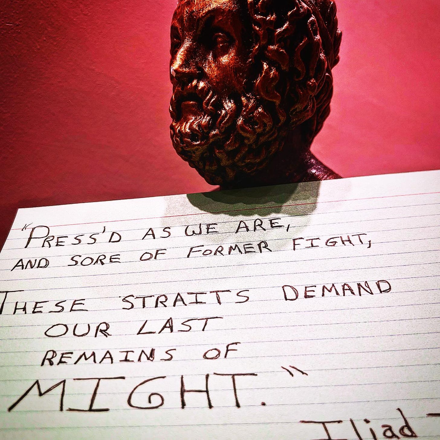 “Press'd as we are, and sore of former fight, These straits demand our last remains of might.” -Iliad