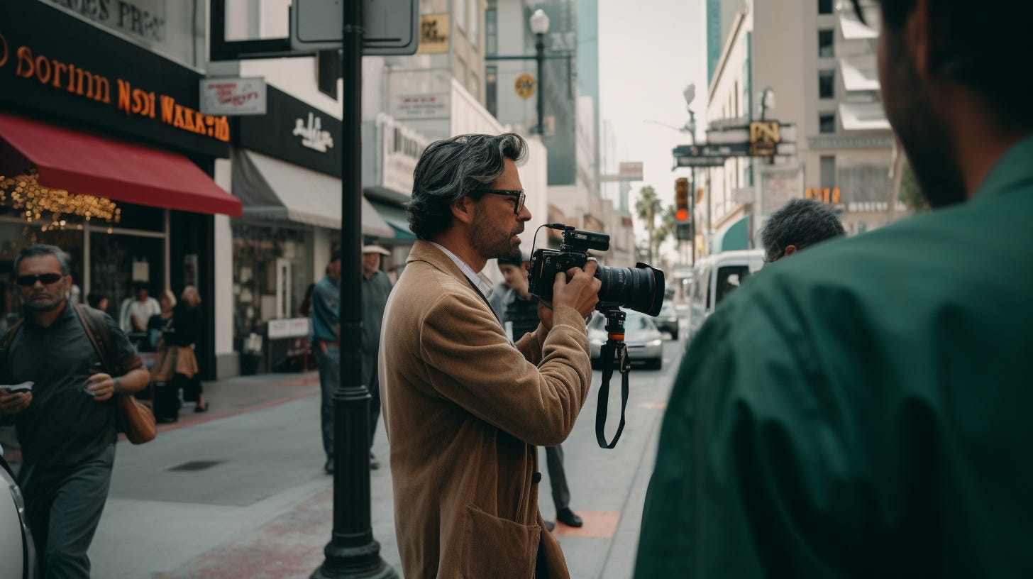 an editorial style photo of a movie shoot in Hollywood, shot on a Fujifilm Pro 400