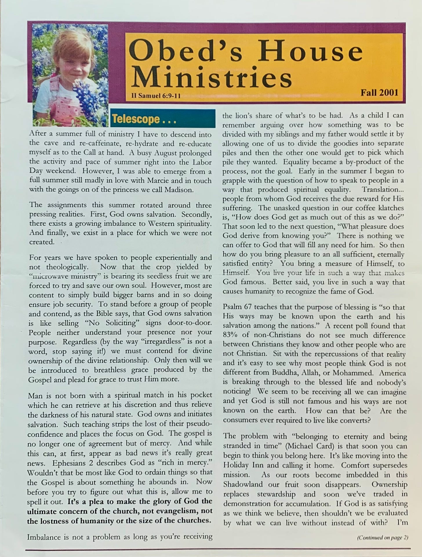 Image of the front page of a newsletter by Neil McClendon called Obed's House Ministries.