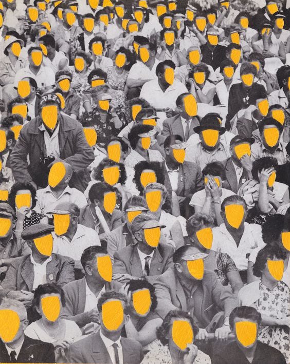 This may contain: a large group of people with yellow masks on their faces