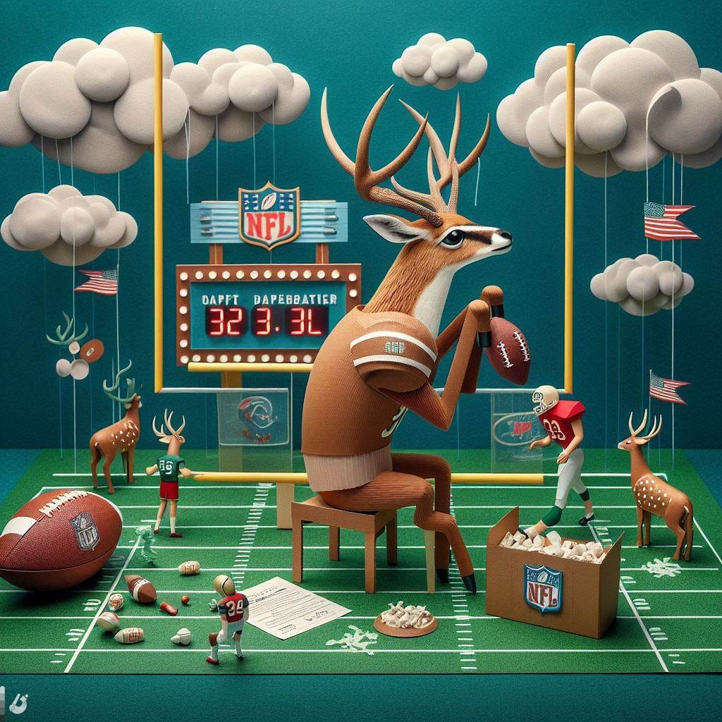 whimsical paper diorama collage, surreal, surrealism, an antelope preparing for the NFL draft as a quarterback