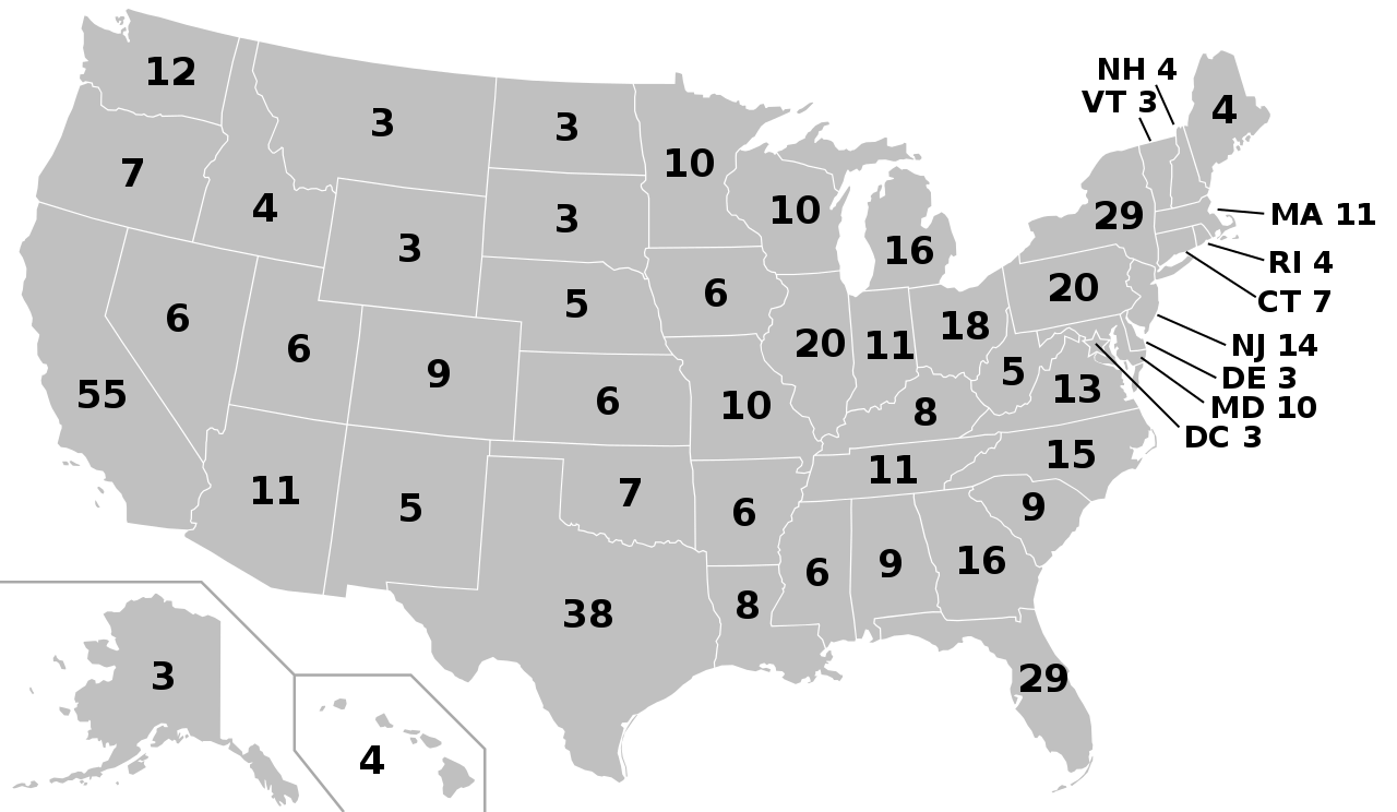 Electoral college map for the 2012, 2016 and 2020 United States presidential elections, using apportionment data released by the US Census Bureau.