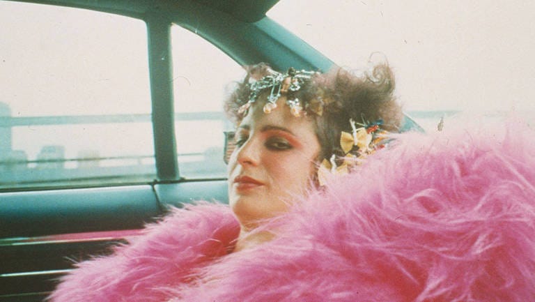 Nan Goldin sentada num carro, com uma capa de pelúcia cor-de-rosa que cobre metade da foto. Ela tem flores no cabelo e olha para a câmera