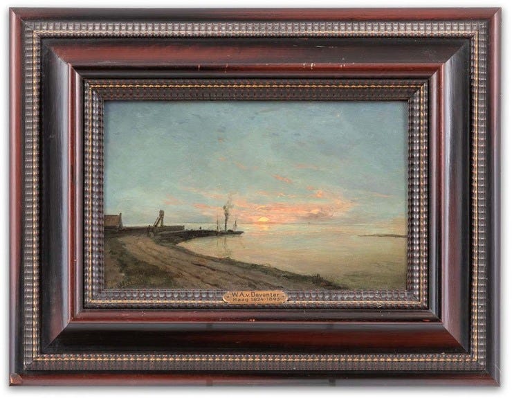 'Küstenlandschaft bei untergehender Sonne' - olieverf op paneel: W.A. van Deventer (kavel 17, Leo Spik Auktionen, Berlijn)