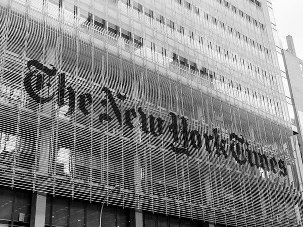 The facade of the New York Times building, with its logo.