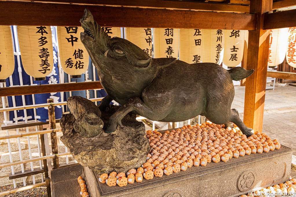 Jabalíes en el templo Zenkyoan de Kioto