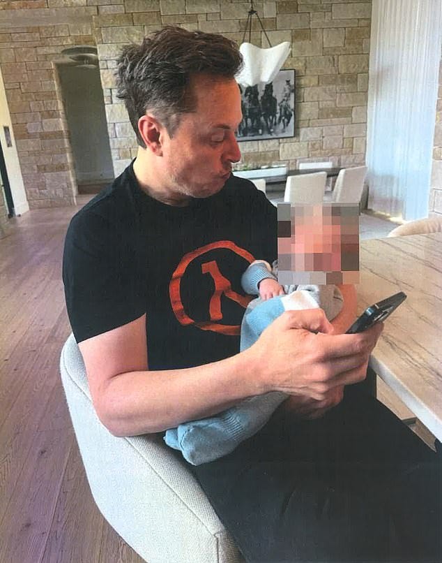 Pictured: Musk holding the baby he allegedly shares with St. Clair, as seen in an exhibit of her paternity lawsuit