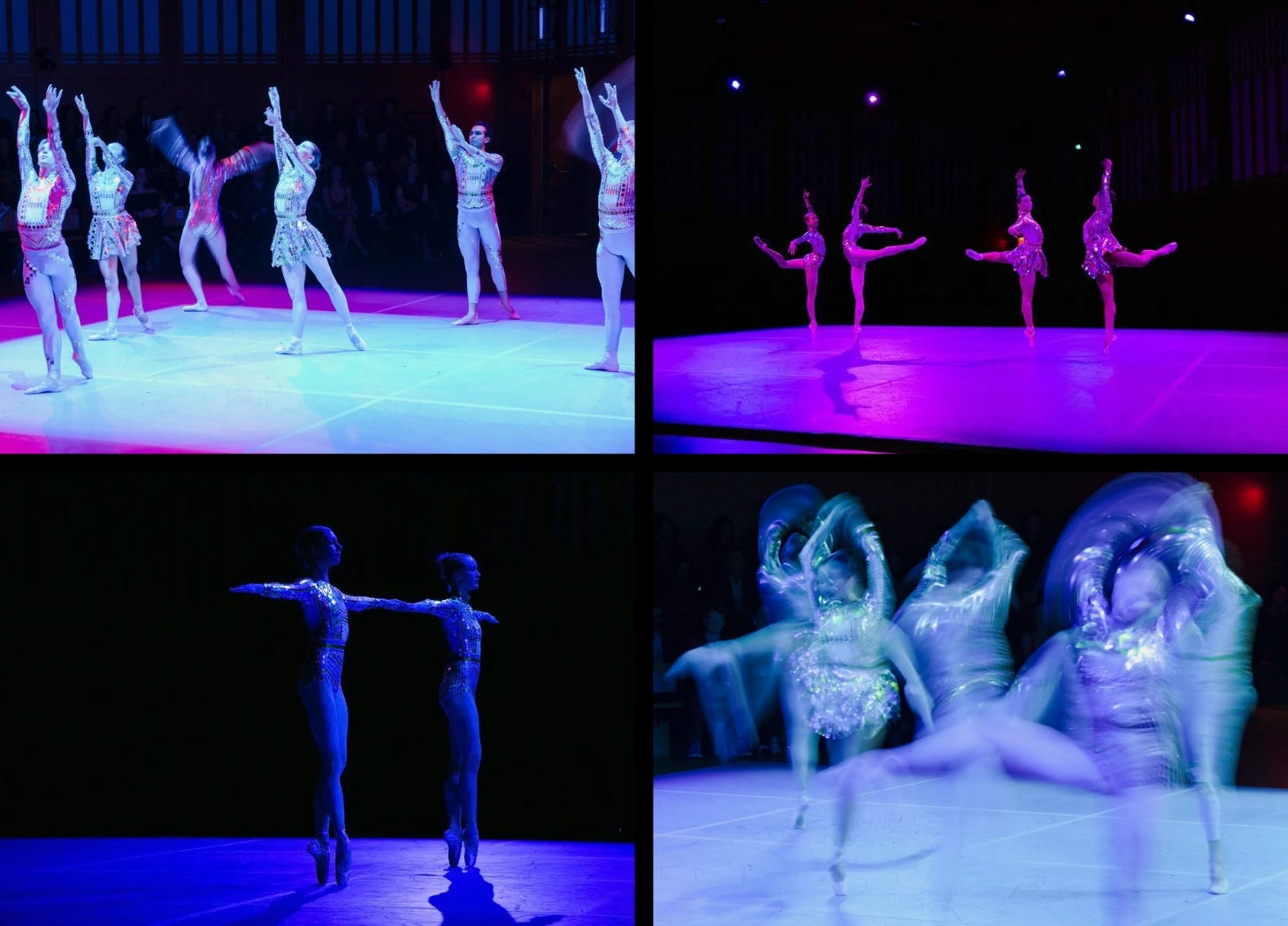 Four photographs of the 7-dancer ensemble from BalletCollective in The World We Left Behind.