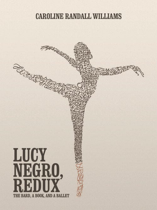 Pale brown background, a female dancer with arms out and one leg up in a graceful pose, her body made up of different words in cursive. Author name in black at top, title in larger font on the bottom left.