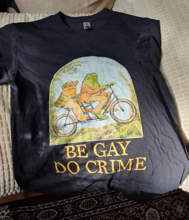 a black t-shirt with a picture of Frog and Toad on it, with the caption "be gay do crime"