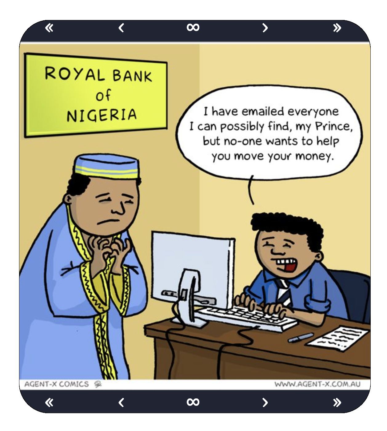 Cartoon showing Nigerian prince email scam.