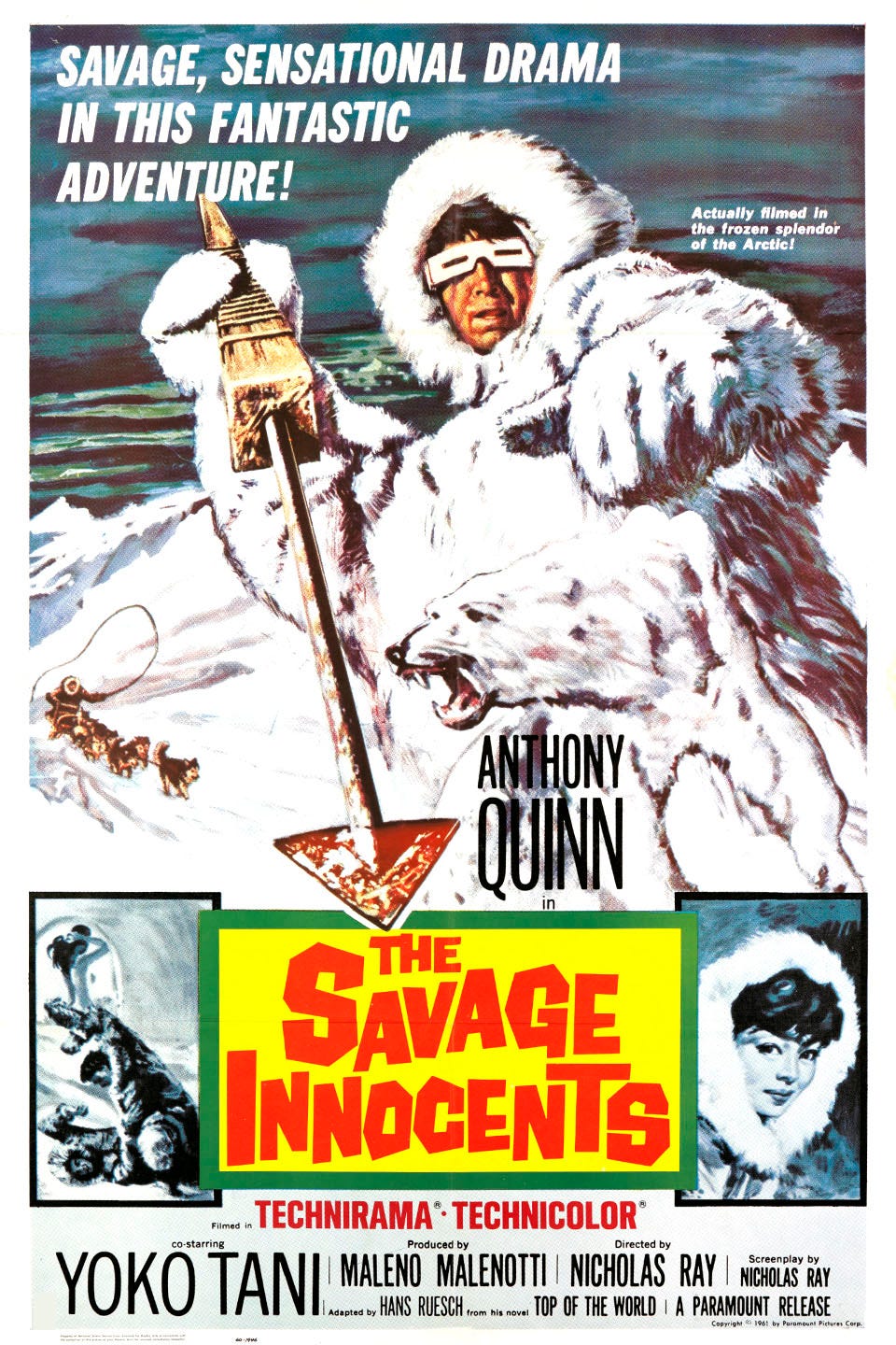poster for The Savage Innocents depicting Inuk in a fur suit with a spear in hand