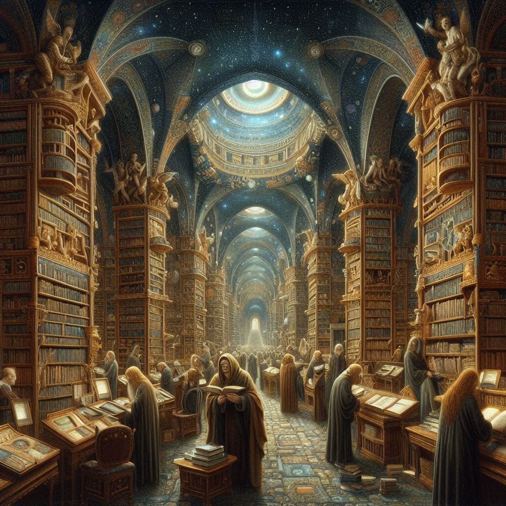 Borges' Librarians endlessly searching the Library of Babel