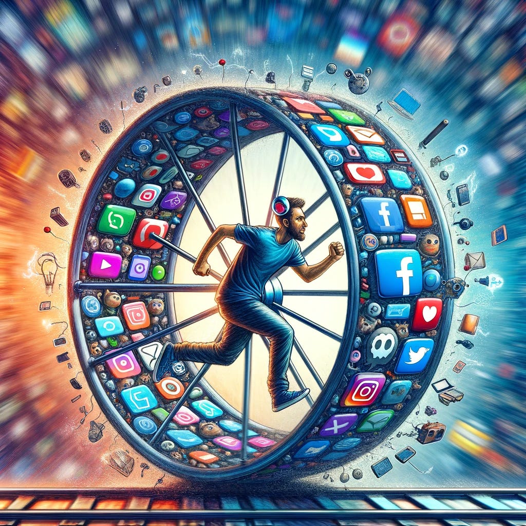 A metaphorical illustration of a person running on a large hamster wheel, which is made up of various social media icons and platforms. The individual is trying to keep pace, depicting the struggle to stay updated and relevant on social media. The background is a blur, symbolizing the fast-paced and ever-changing nature of the digital world. The person's expression conveys determination mixed with exhaustion, highlighting the relentless effort required to keep up with social media trends and expectations. This image should capture the essence of the 'social media hamster wheel' metaphor, representing the continuous and often exhausting effort to stay engaged in the digital realm.