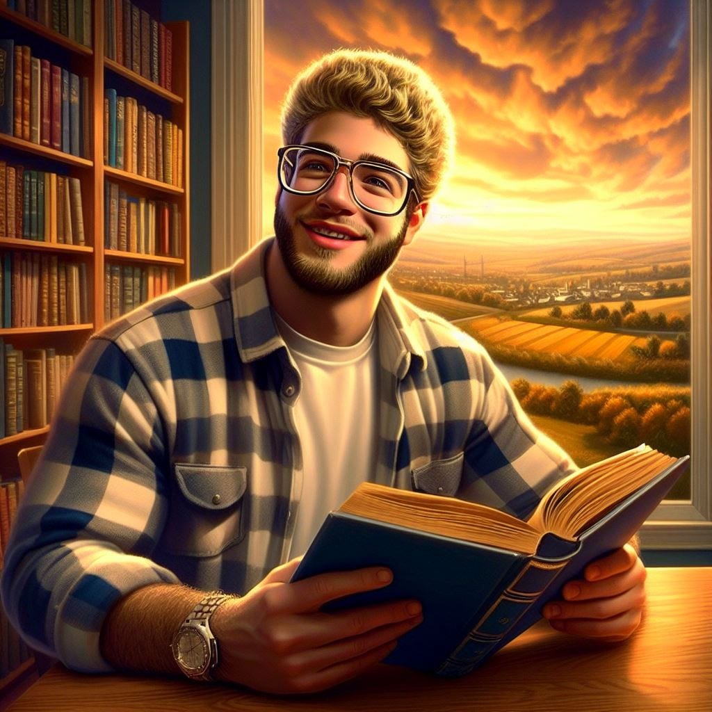 based Chad reading a book in a library with glasses, landscape