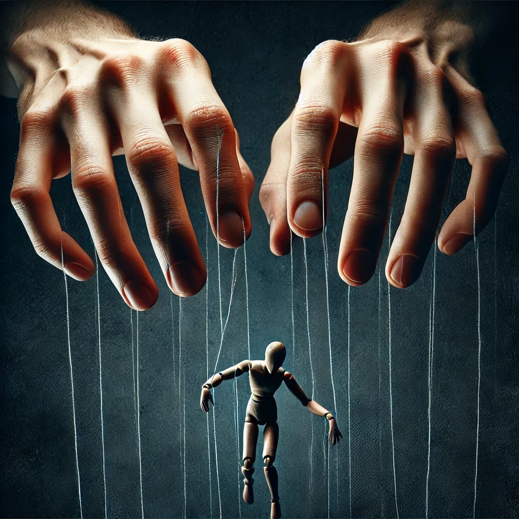 A pair of human hands with strings extending from each finger, resembling a puppeteer controlling an invisible marionette. The strings are taut, creating a sense of tension. The background is dark and moody, emphasizing the dramatic effect of the hands and strings. The hands are detailed with realistic textures and lighting, making them appear lifelike.