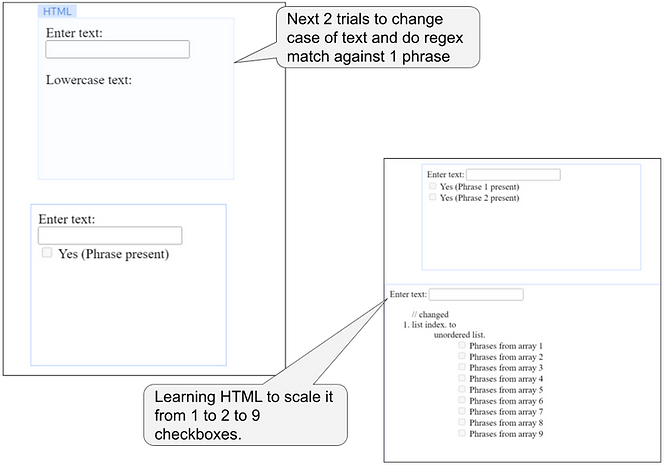 Next two trials to change the case of text and perform regular expressions matching using javascript and HTML