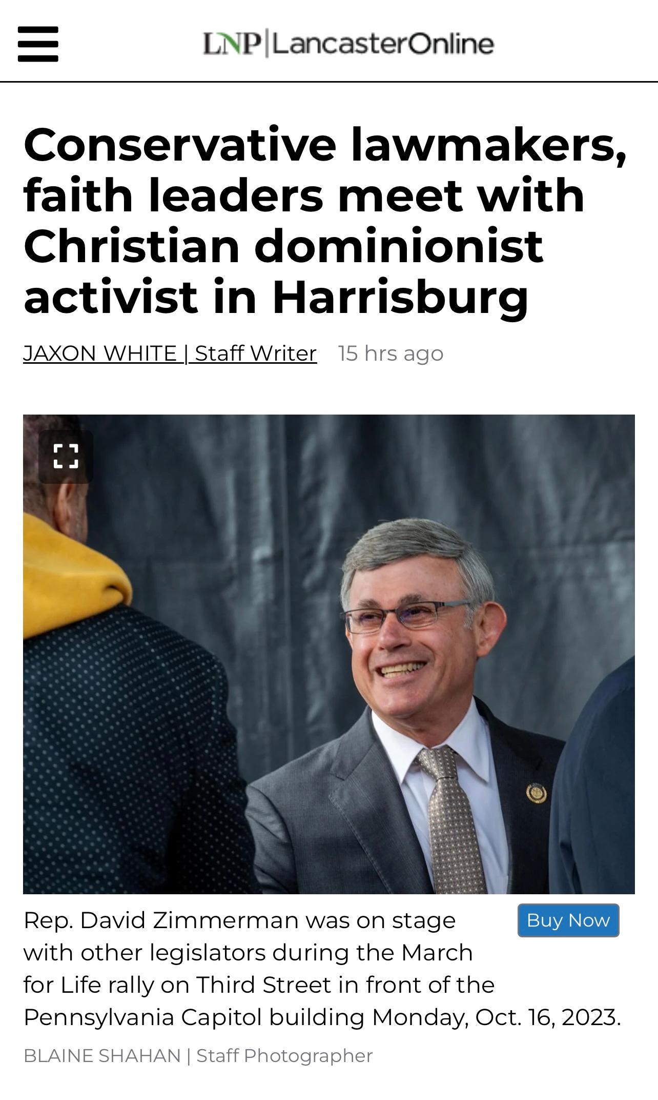 Screen capture of a Lancaster Online Headline that reads "Conservative lawmakers, faith leaders meet with Christian dominionist activist in Harrisburg.