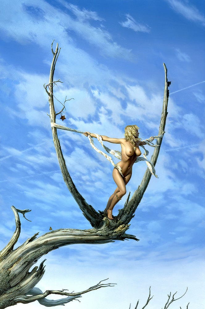 Set against a vibrant blue but cloudy sky, a woman wearing only a few small pieces of jewelry is framed by the V-shaped limbs of a dead tree. At first glance, it appears that her wrists are tied, but she's holding tight to the white cloth that wraps around each desiccated limb. As she leans forward with all of her weight, she stares off into the distance. The silky fabric she grips is covered in a pattern of thin gold ovals. Like her shoulder-length blonde hair, the ends of cloth are carried by the breeze. The skull of a bird hangs around her neck on a rigid chain. A similarly beaded chain wraps doubly around one calf, another an anklet on her back leg. A rust colored star hanging by a string is tangled in the thin branches above her.