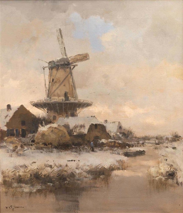 'Molen in winters landschap' - olieverf op doek: W.G.F. Jansen (kavel 97, Veilinghuis Onder de Boompjes) 'Molen in winters landschap' - olieverf op doek: W.G.F. Jansen (kavel 97, Veilinghuis Onder de Boompjes)