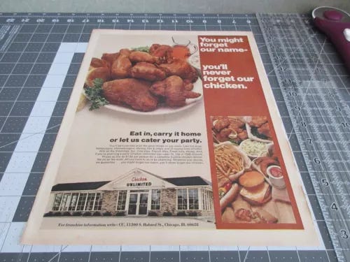 Vintage 1972 Chicken Unlimited  Print Ad, you'll never forget our chicken  - Picture 1 of 4