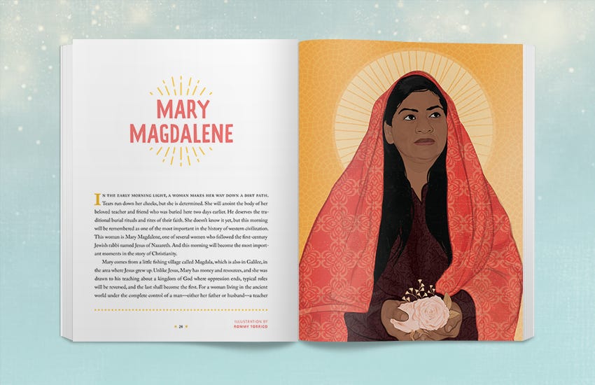 A book shown open to a profile of Mary Magdalene. Mary is shown with a red embroidered cloth over her head, long dark hair, and a dark maroon garment. She is holding flowers.