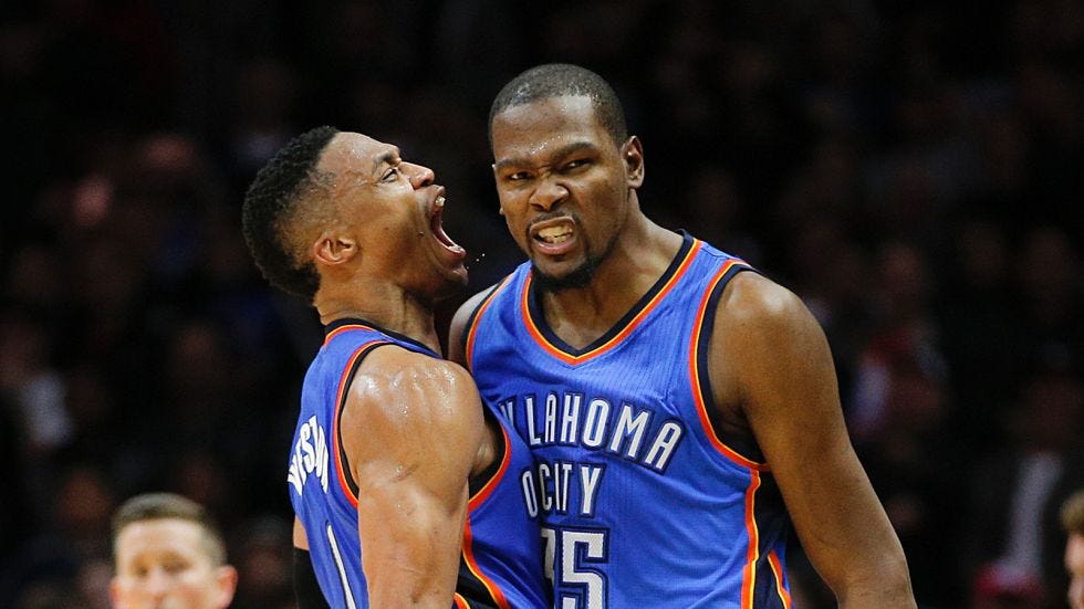 kevin durant and russell westbrook thunder clap takes game 1 from warriors 2016 images