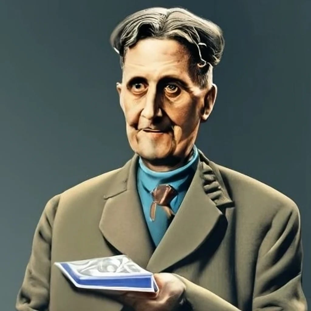 George Orwell proudly displaying two won lottery tickets with his hands