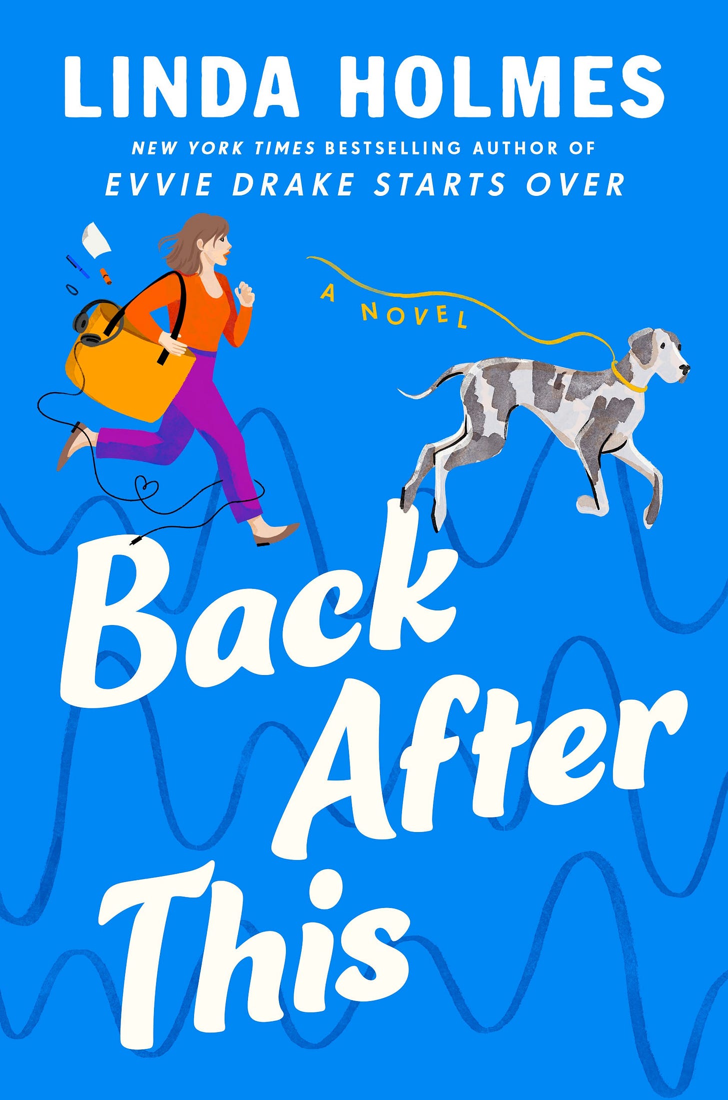 The cover for the novel Back After This, which is a bright blue and features across the bottom, several squiggly lines in a darker blue over which the title, in white letters is superimposed. Just above the title is a white woman with shoulder length brown hair, carrying a large bag bursting with items, walking after a large gray and white dog. 