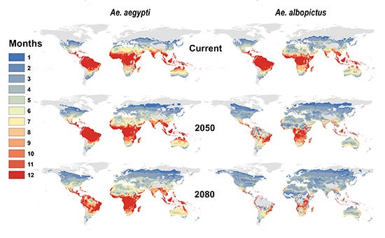 A map showing changes in available habitat for mosquitoes under the worst projected climate change scenario.