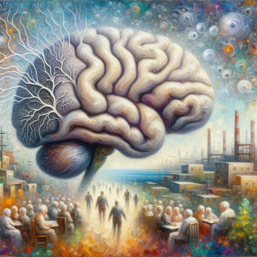 Impressionist oil painting showcasing neurofibrillary tangles and β-amyloid plaques. The intricacies of these brain features are depicted with soft brush strokes and a harmonious color palette. As the viewer delves deeper into the painting, a complex environmental backdrop emerges, featuring urban landscapes, industrial scenes, and familial gatherings, symbolizing the social causes and influences on dementia.