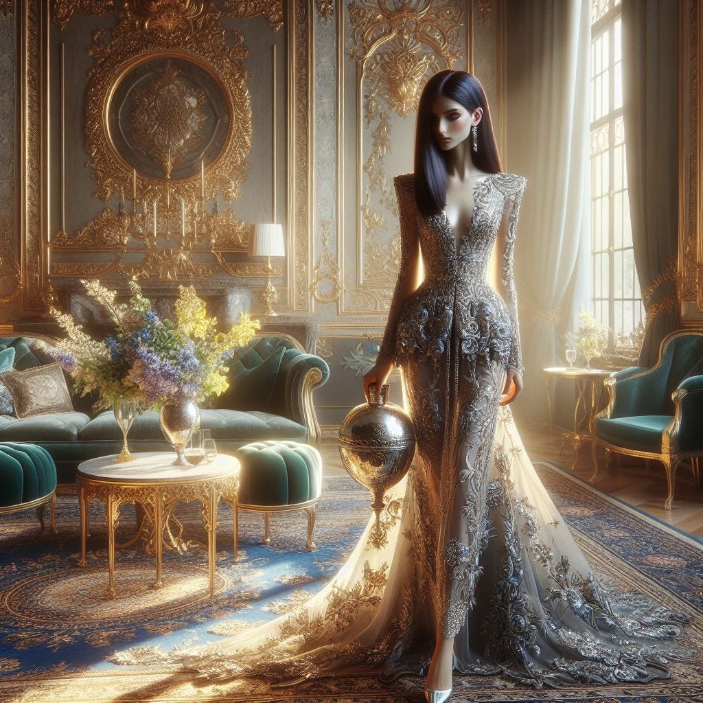 hyper realistic 2-color wine jug with a sterling lid, with blue cut to yellow. Gilded Mirrors. Persian Rugs. long, dark straight-haired woman wearing bespoke ensemble with intricate lace, beading and embroidery. slingback pumps, kitten heels. Marble Tables/Flower Arrangements. light green Velvet Armchairs/silk sofa. intricate carvings/ Silk Drapes luminesent. Etheral. Sun beams flooding room