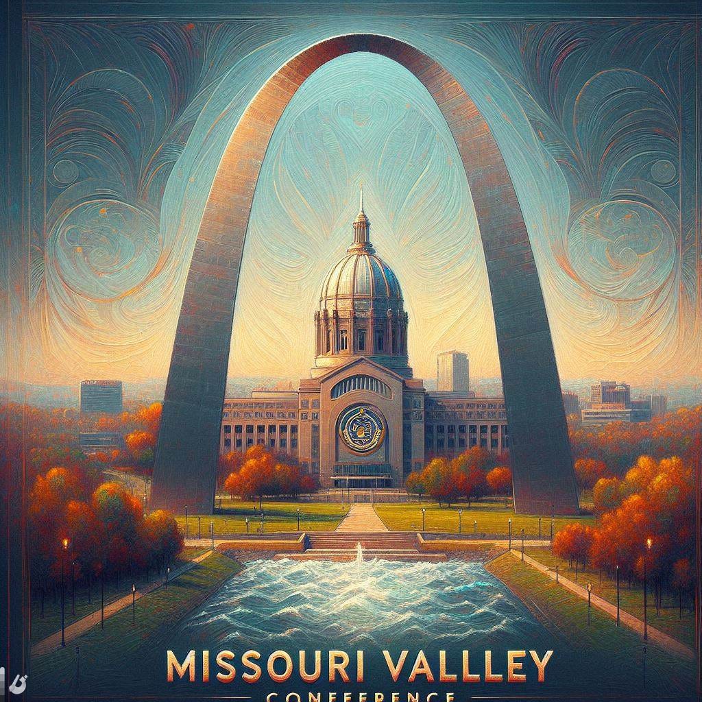 The Missouri Valley Conference logo in the middle of the Gateway Arch, impressionism