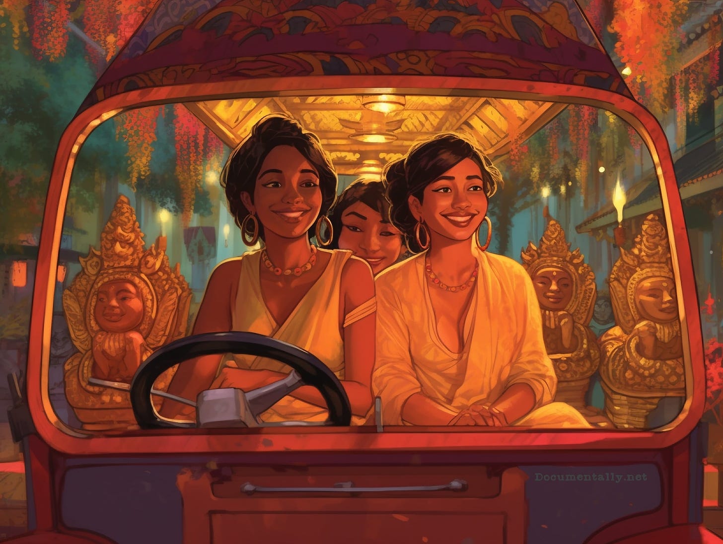 A cartoon style illustration of three ladies, who might be from India, sitting in a right hand drive tuk tuks with three Buddhas visible behind them.