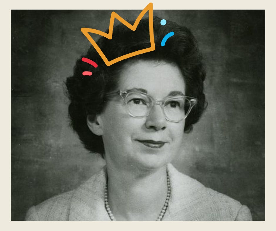Black-and-white photograph of a white woman with dark curlly hair and old-fashioned glasses. A colorful illustration of a crown is superimposed over her head