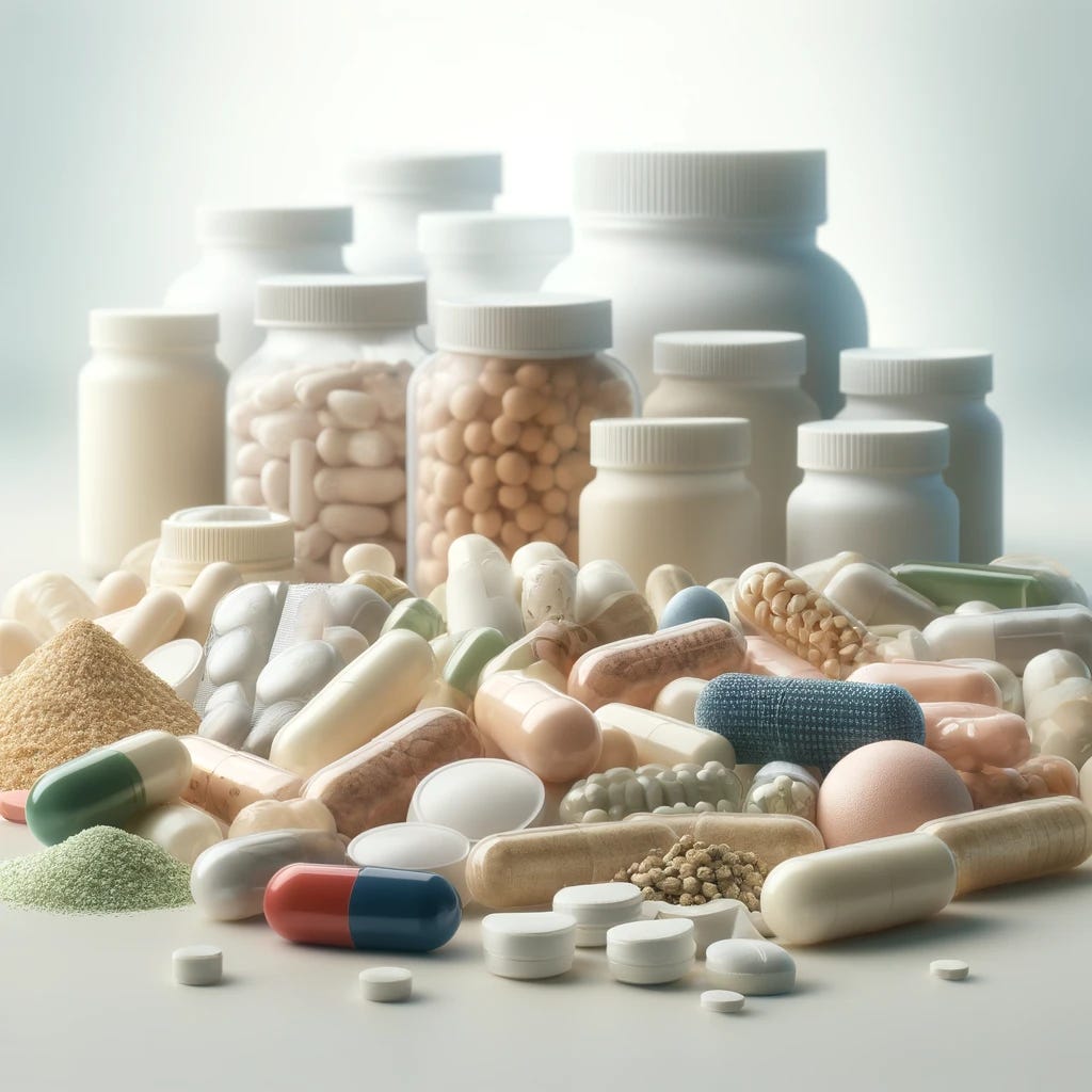 An image showcasing a variety of probiotic pills and capsules, emphasizing their role in promoting gut health. The scene includes several different types of probiotic supplements, such as capsules, tablets, and powders, displayed on a clean, white background. Each pill is clearly detailed, showing different shapes, sizes, and colors, symbolizing the diversity of probiotic strains they contain. The focus is on the supplements, highlighting their importance in maintaining a balanced gut microbiome.