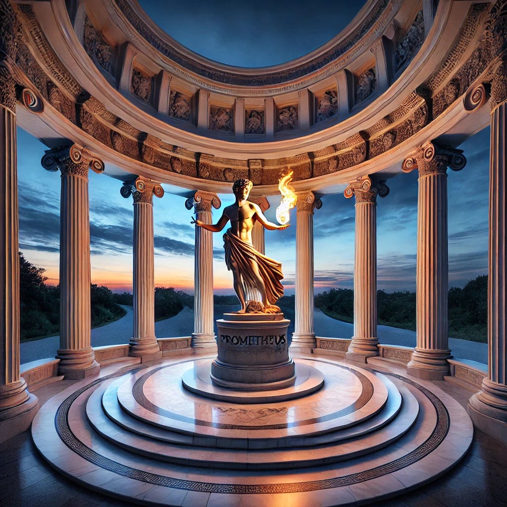 A neoclassical rotunda with elegant marble columns, within which stands a grand statue of Prometheus. The statue should depict Prometheus holding fire, symbolizing his gift to mankind, with dynamic, detailed features. The rotunda is illuminated by soft twilight, with the sky transitioning from deep blue to a hint of purple and orange. Surrounding the rotunda is a peaceful twilight scene, with shadows stretching across a marble floor and distant trees framing the background.