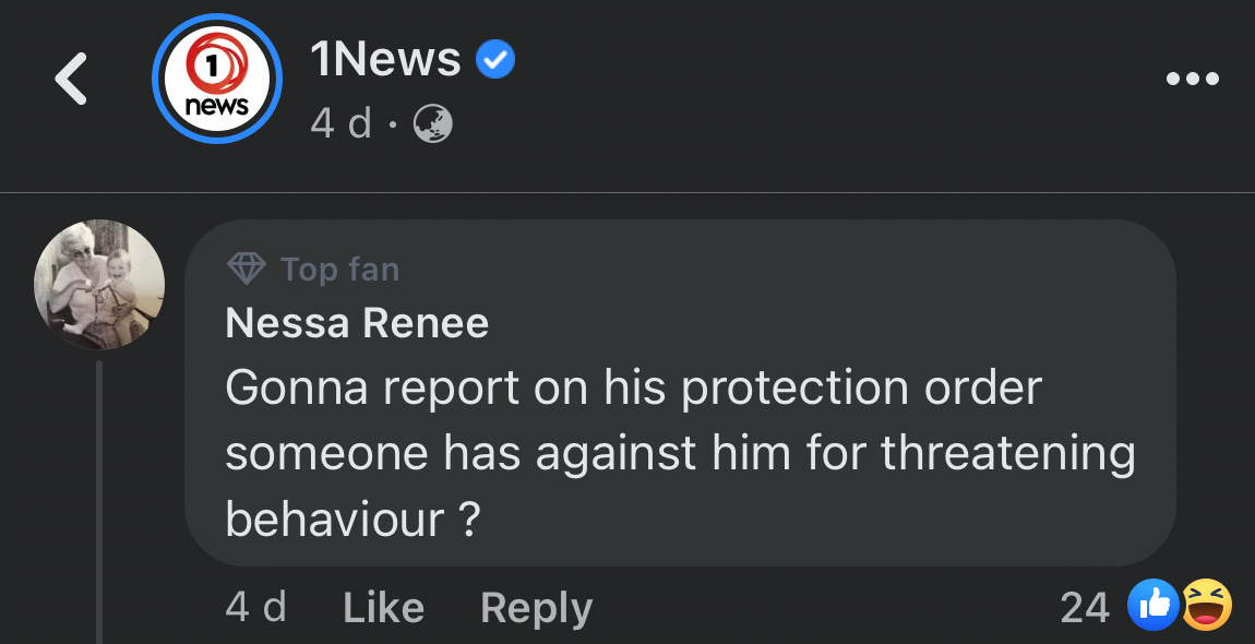 Nesse Renee: “Gonna report on his protection order someone has against him for threatening behaviour?”