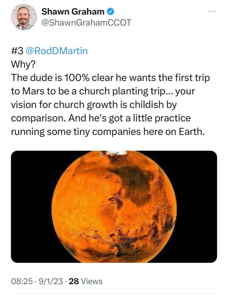 May be an image of text that says 'Shawn Graham @ShawnGrahamCCOT #3 @RodDMartin Why? The dude is 100% clear he wants the first trip to Mars to be a church planting trip... your vision for church growth is childish by comparison. And he's got a little practice running some tiny companies here on Earth. 08:25 08:25.9/1/23.28Views 9/1/23 08:259/1/23.28 28 Views'