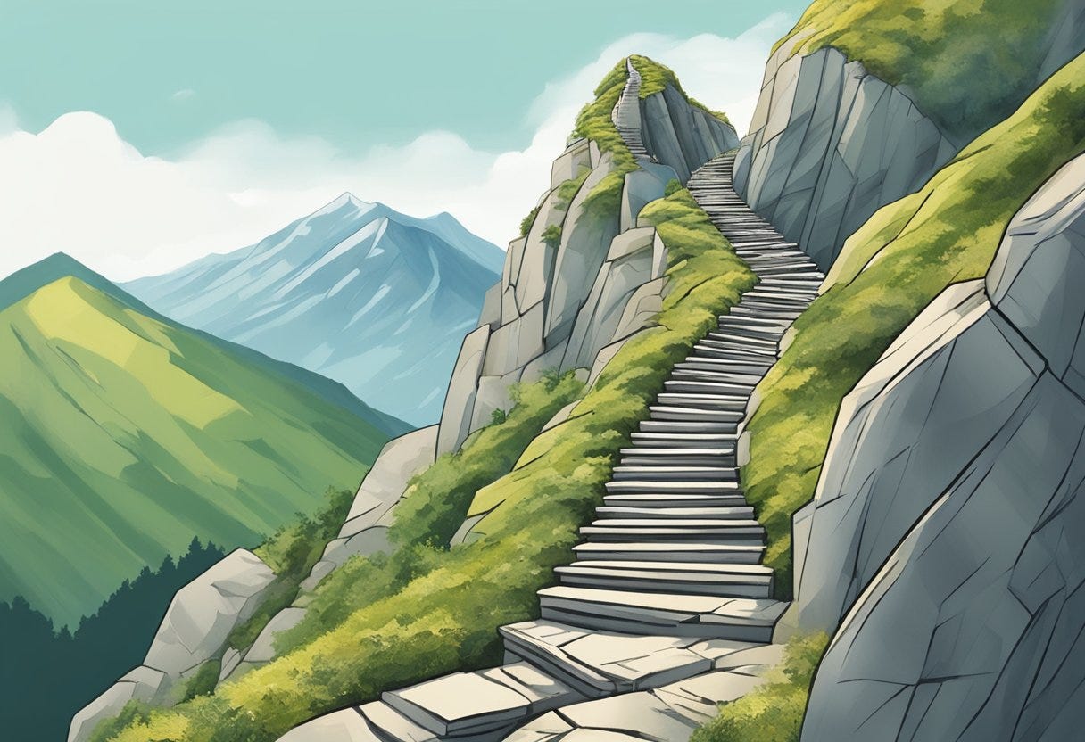 A winding staircase leading up a mountain, with small, manageable steps marked along the way. The summit is visible in the distance, representing big success