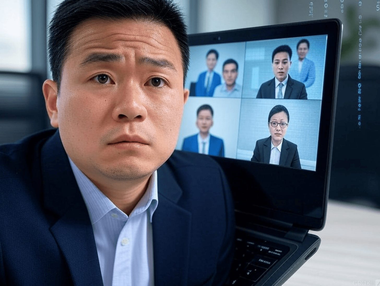 A person in a suit looking at a computer screen

Description automatically generated