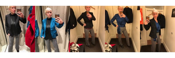 Jessie trying on a series of blazers and dress shirts
