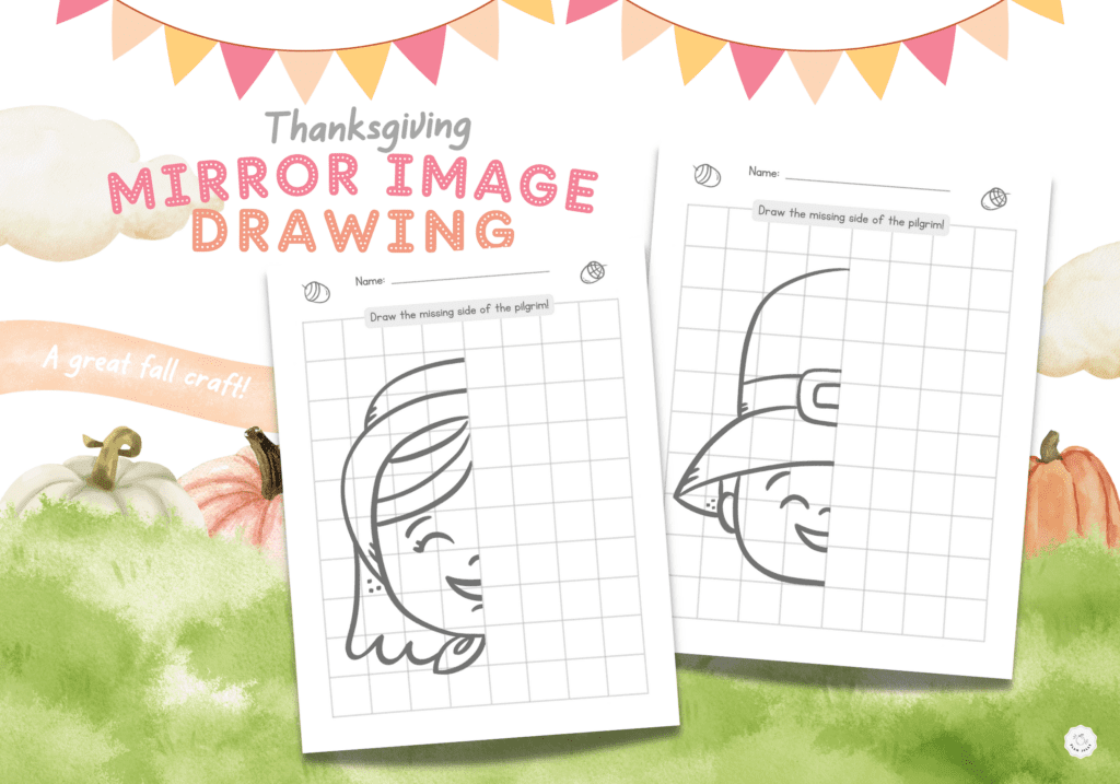 This featured image shows a picture of two mirror image drawings: one of a Pilgrim girl and one of a Pilgrim boy.