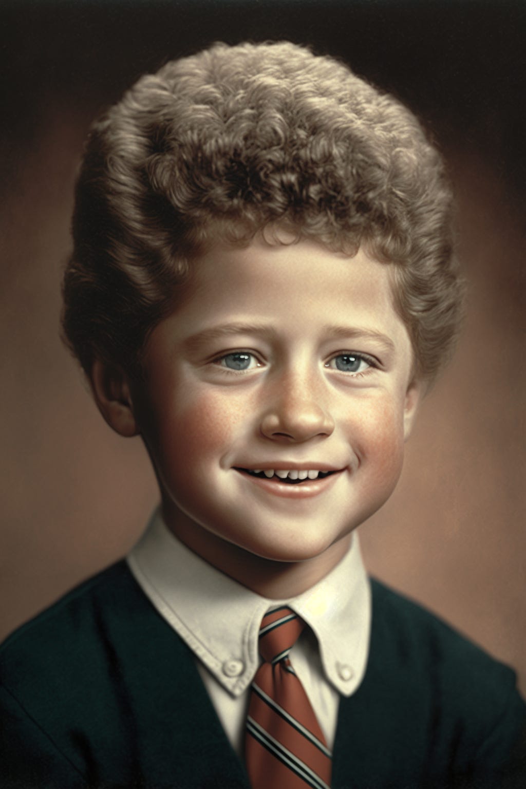President Bill Clinton as a kid, portrait, close-up shot, studio photography, volumetric lighting, wearing a suite, smiling, mischievous, realistic, 50mm, expressive, iconic, 4k